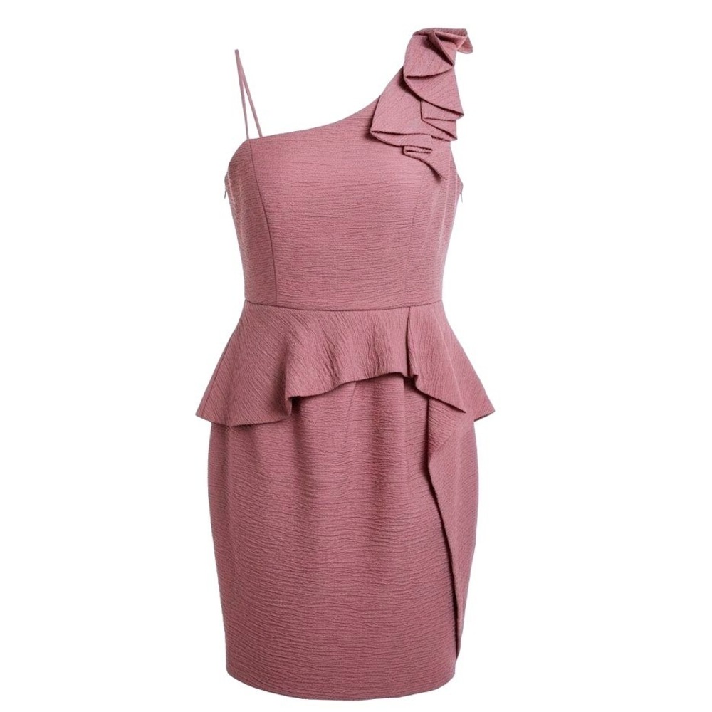 85-BCBGMAXAZRIA One‎ Shoulder Mauve Rose Pink Textured Dress Sz 6 Ruffle Party